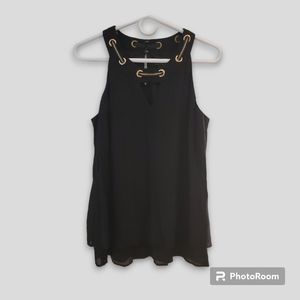 Thalia Sodi tiered peekaboo top with gold-tone accents, size S